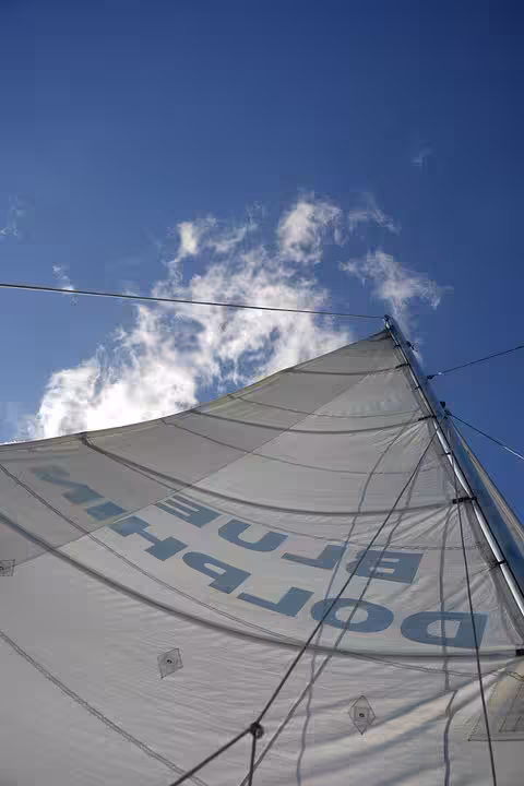 View of Blue Dolphin catamaran sail against a bright blue sky with scattered clouds during a sunny day tour.