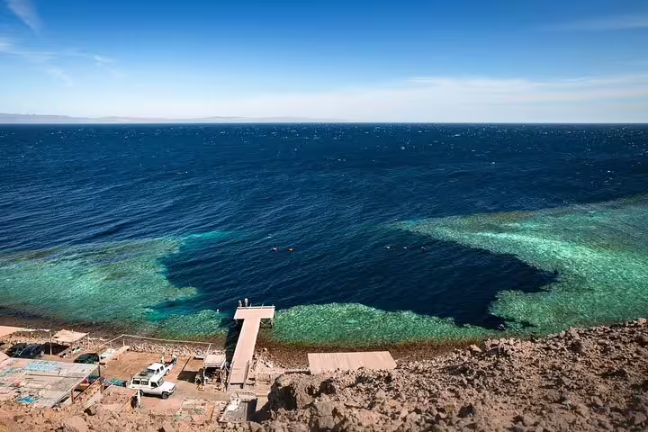 Aerial view of the Blue Hole Dahab lagoon and jetty on day tour from Sharm El Sheikh, Sinai Red Sea