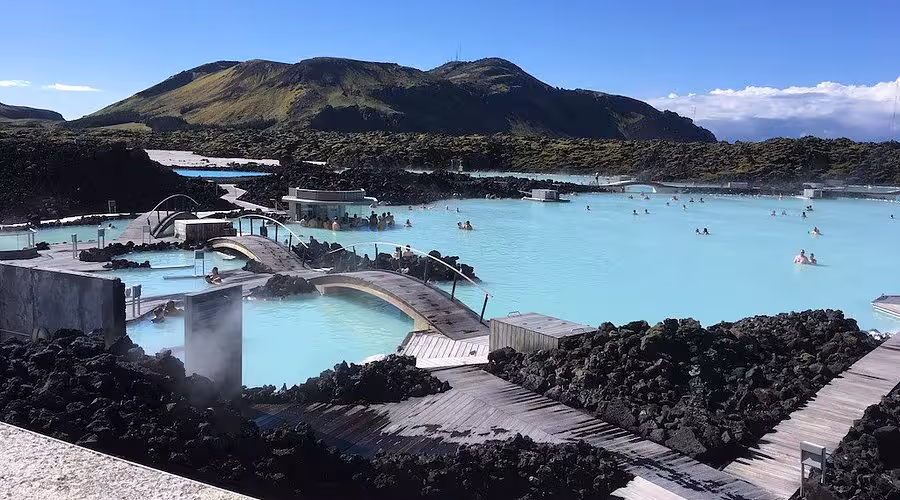 Panoramic Blue Lagoon Iceland with lava fields on Keflavik Airport to Reykjavik transfer and spa stop