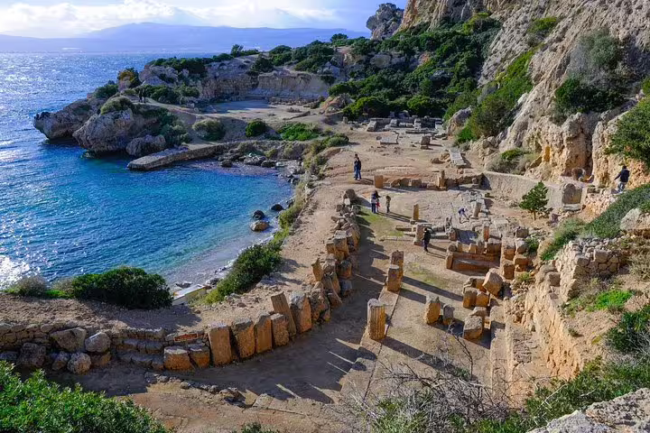 Blue Lagoon coastline and Sanctuary of Hera ruins near Loutraki on private Athens tour of Corinth and Epidaurus