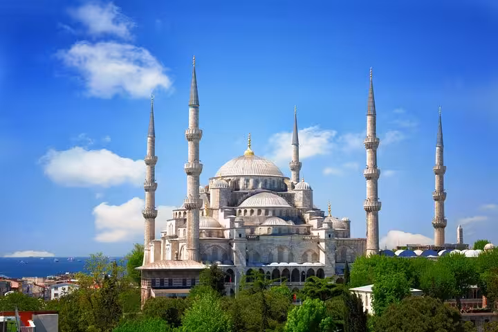 Panoramic Blue Mosque and minarets over Istanbul skyline, featured on the 8 Day Touch of Mediterranean Tour