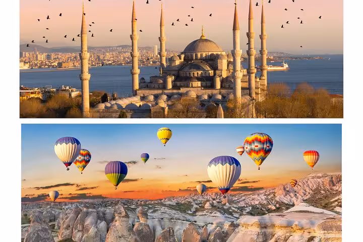 Blue Mosque and Istanbul skyline at sunset, iconic stop on 6-day guided Istanbul and Cappadocia tour