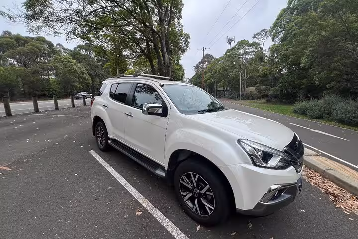Spacious white SUV parked amidst lush greenery for Blue Mountains Private Tour hiking adventure.
