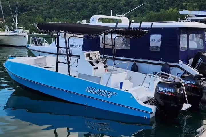 Blue speedboat with twin engines docked at a marina, ready for a private reef safari snorkeling trip.