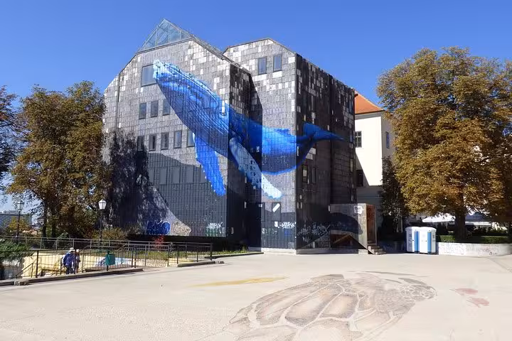 Blue whale mural on a contemporary building in Zagreb, featured on a 2-hour private walking tour