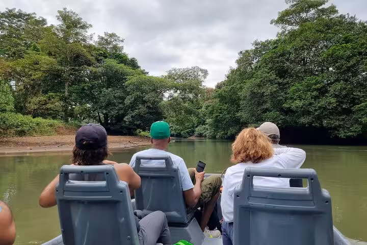 Tourists on a boat safari in Rio Frio, enjoying lush greenery and wildlife in Costa Rica's tropical forest.