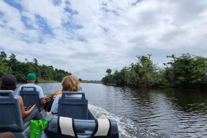 Passengers on a boat safari navigating Rio Frio, enjoying panoramic views of the lush riverbanks.