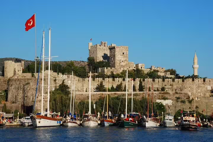 Bodrum Castle and marina yachts on the Aegean coast, scenic stop on 12-day Turkey private small group tour