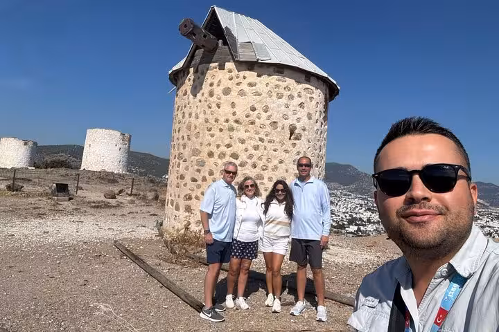 Small group Bodrum city tour photo stop at historic windmills with panoramic Bodrum views for cruise guests