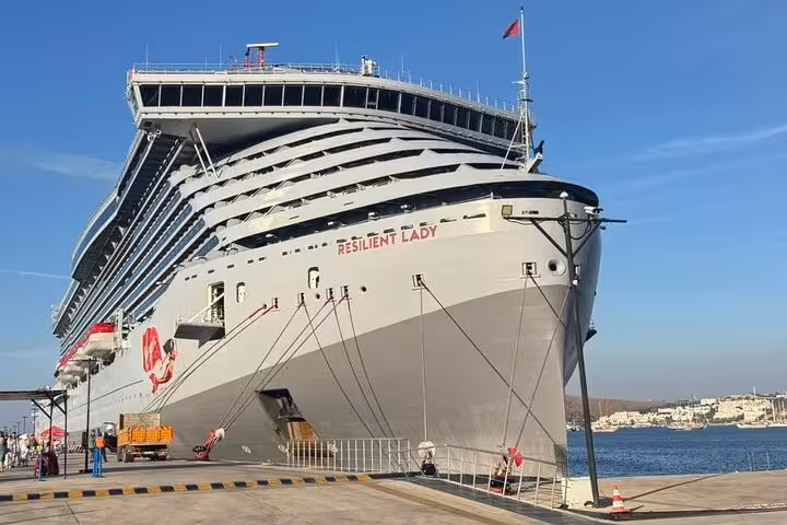 Cruise ship docked at Bodrum port, ideal for Bodrum city tour for cruisers with easy small group pickup