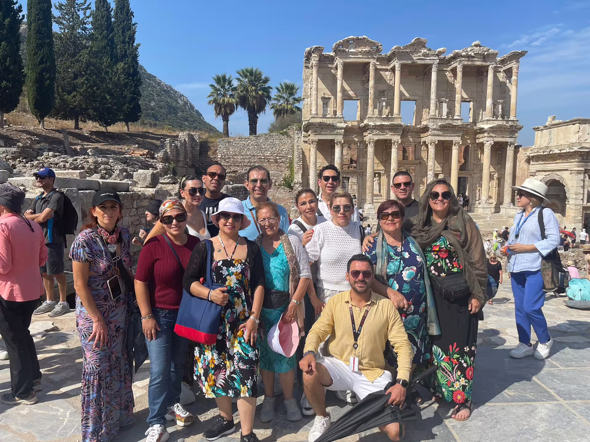 Private group photo at Ephesus Library of Celsus on Bodrum to Ephesus all-inclusive tour with guide