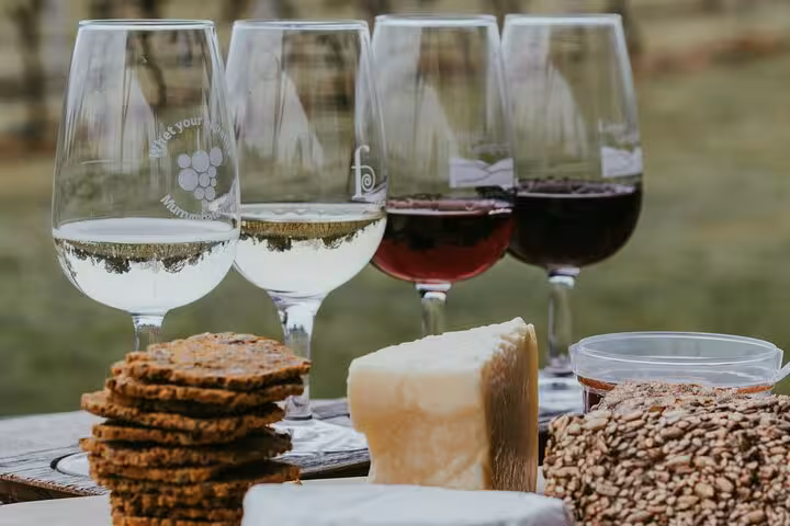 A selection of red and white wines paired with assorted cheeses and crackers on an outdoor table during a wine tasting tour.