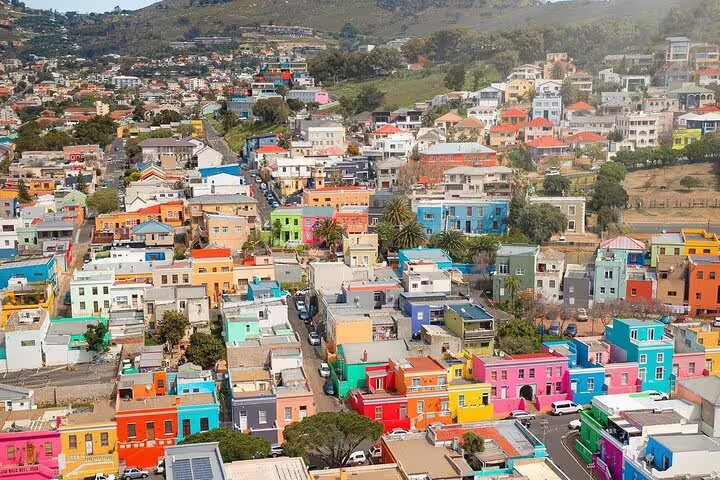 Aerial view of Bo-Kaap's vibrant, colorful houses, a key highlight on the Cape Town historical walking tour.