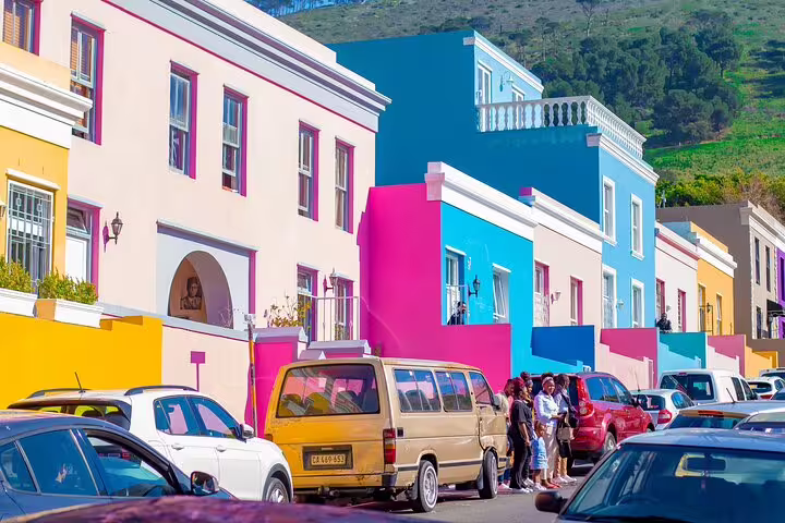 Vibrant Bo-Kaap neighborhood in Cape Town showcasing colorful houses on a guided city and Table Mountain tour.