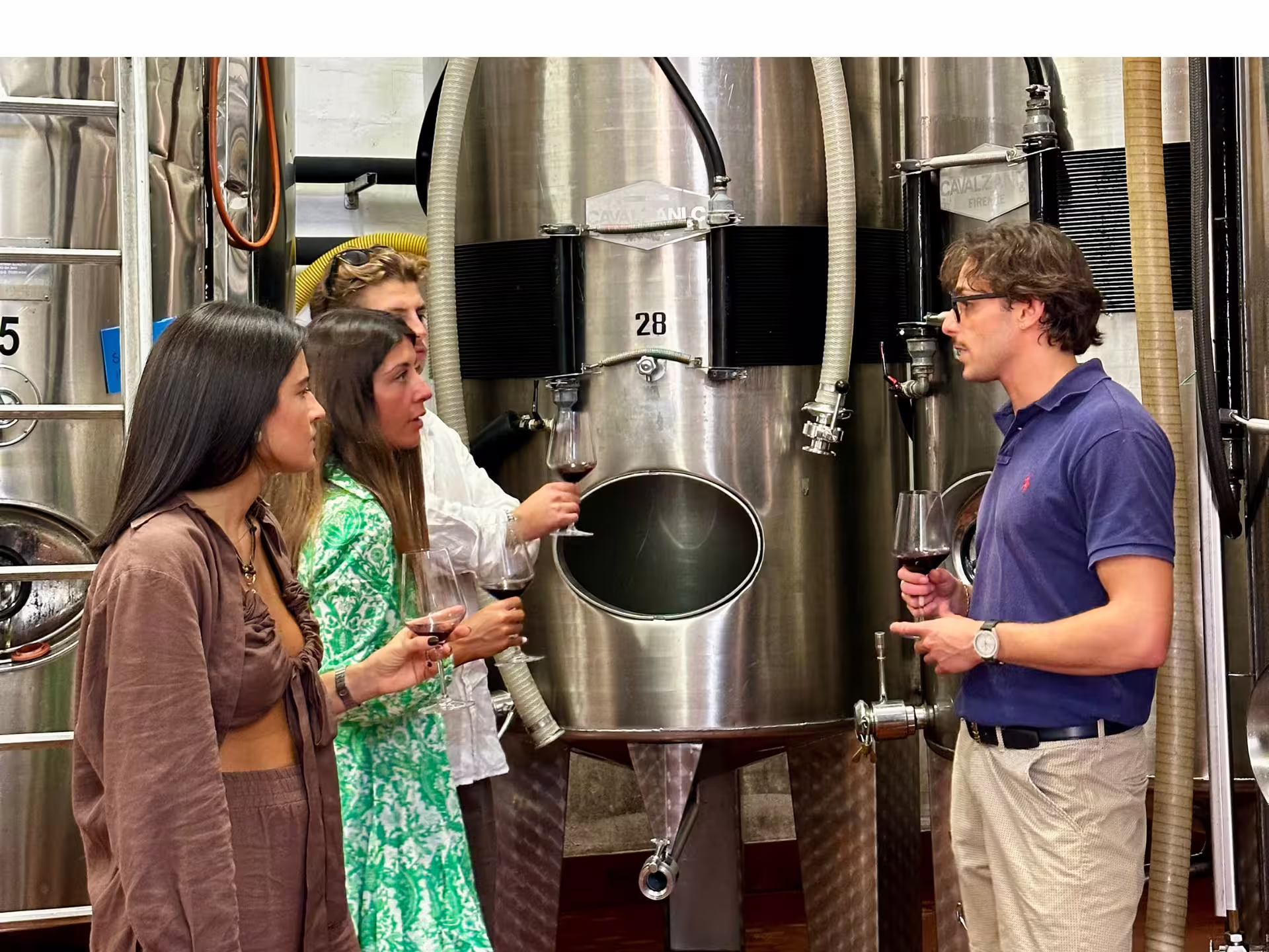 Winery guide explains stainless steel tanks during Bologna boutique winery tour with red wine tasting