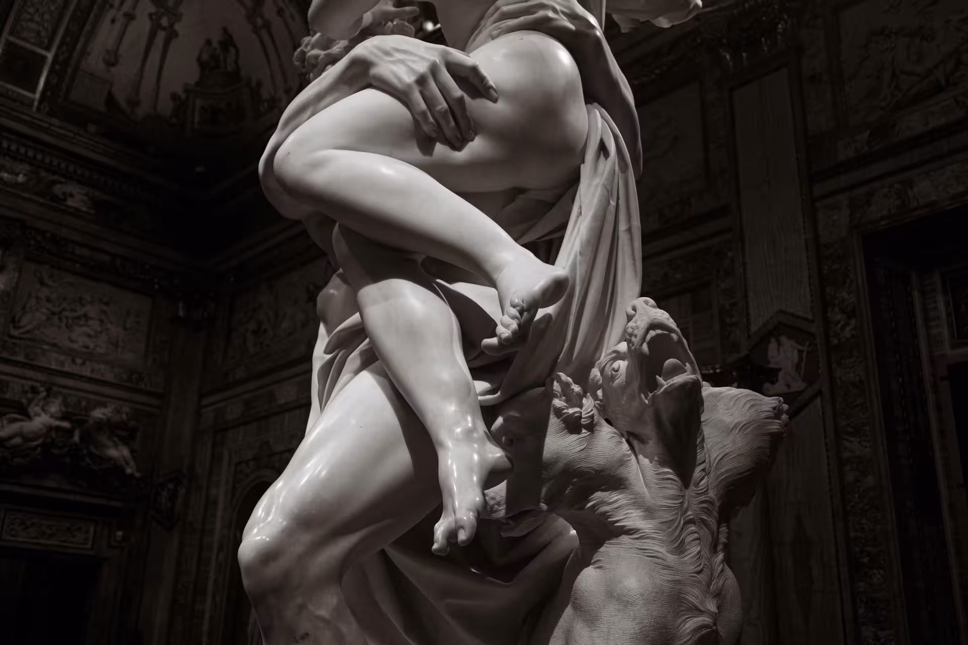 Intricate marble sculpture displayed in Borghese Gallery, showcasing masterful artistry and historical significance.