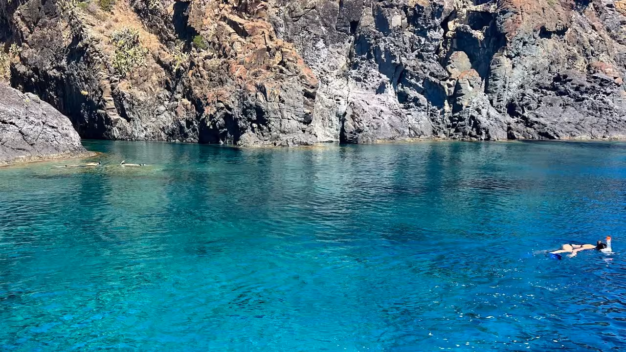Snorkeler exploring the crystal-clear waters near the rocky cliffs of Capo Marrargiu in Bosa.