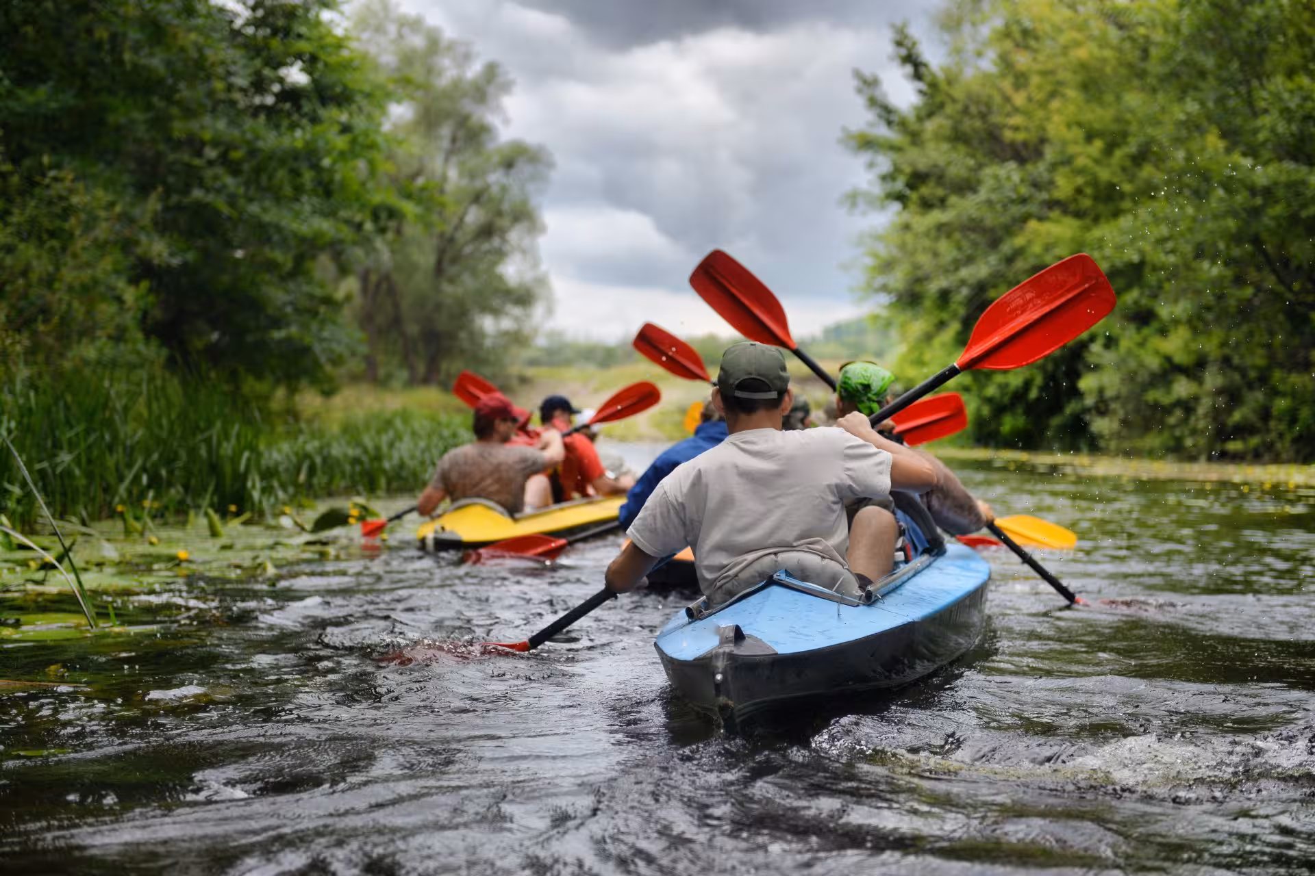 Group kayaking adventure on the scenic Temo River surrounded by lush greenery, perfect for outdoor enthusiasts.