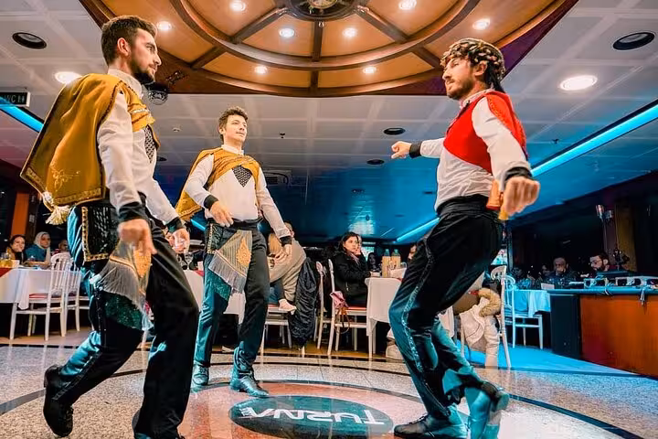 Turkish folk dance show on Bosphorus dinner cruise with private table, live entertainment on Istanbul yacht