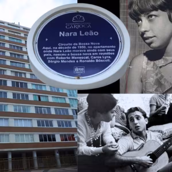 Collage of Bossa Nova icons and historic Rio de Janeiro building for Bossa Nova Walking Tour experience.