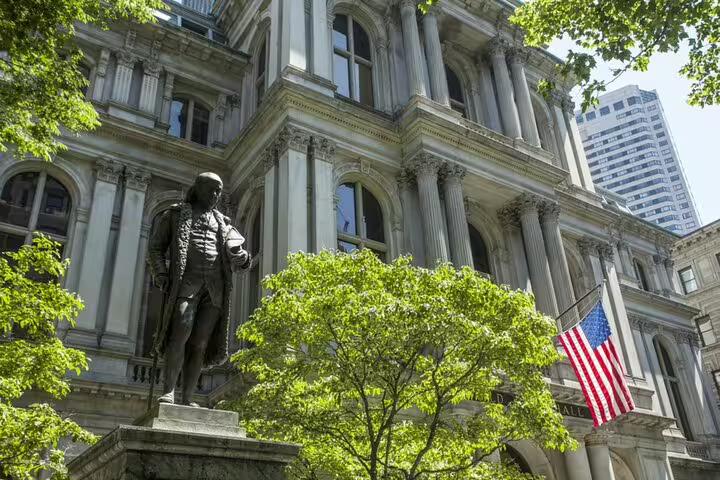 Benjamin Franklin statue outside Boston Old City Hall on the Freedom Trail