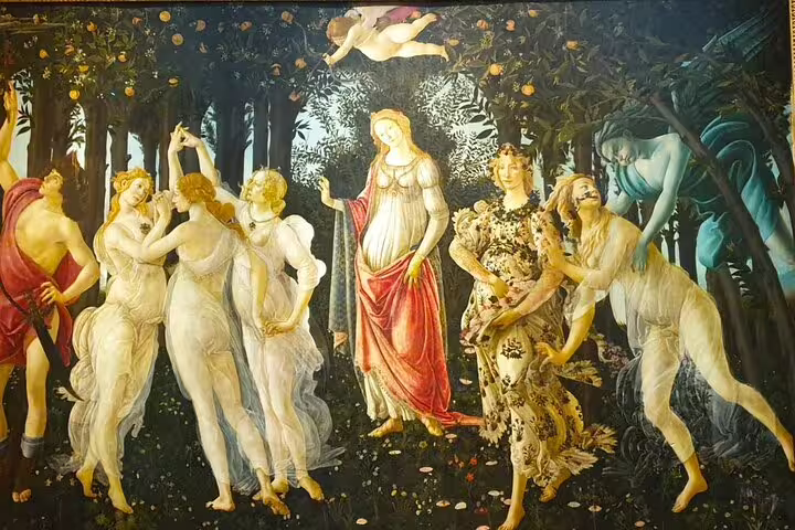 Close-up of Botticelli’s Primavera painting in the Uffizi Gallery, a Florence highlight on the La Spezia and Carrara day trip
