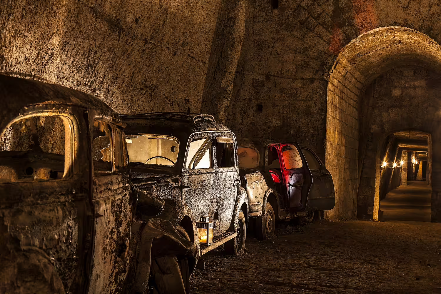 Abandoned vintage cars line a dimly lit tunnel in the Bourbon Tunnel, a must-see underground tour in Naples Italy