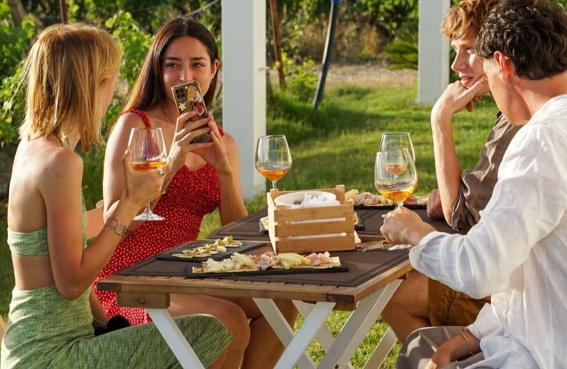 Group enjoying wine and cheese tasting at a boutique winery near Cagliari under sunny vineyard setting.