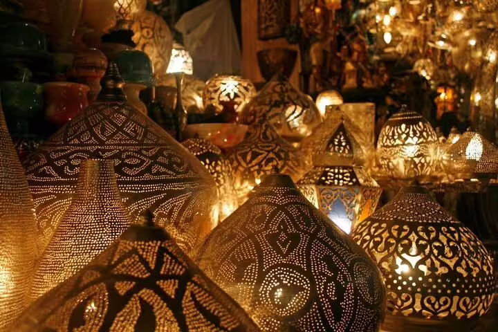 Glowing brass lanterns in Khan El-Khalili bazaar, a highlight of the Cairo Citadel and Coptic Cairo tour