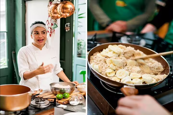 Chef instructing students on making a banana and sugar dish in a vibrant Rio de Janeiro cooking class.