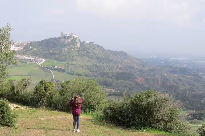 Scenic view of a hillside town with a person capturing the landscape, perfect for nature lovers and photographers.