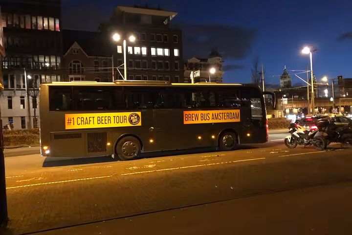 Brew Bus Amsterdam parked at night for the Amsterdam craft beer brewery tour by bus with tastings