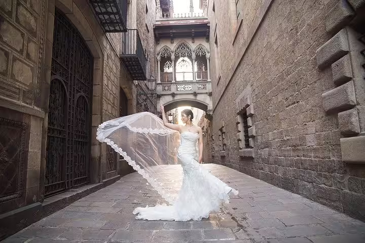 Bride posing in a Gothic alley in Barcelona Old Town, cinematic Instagram Regular Tour photo spot