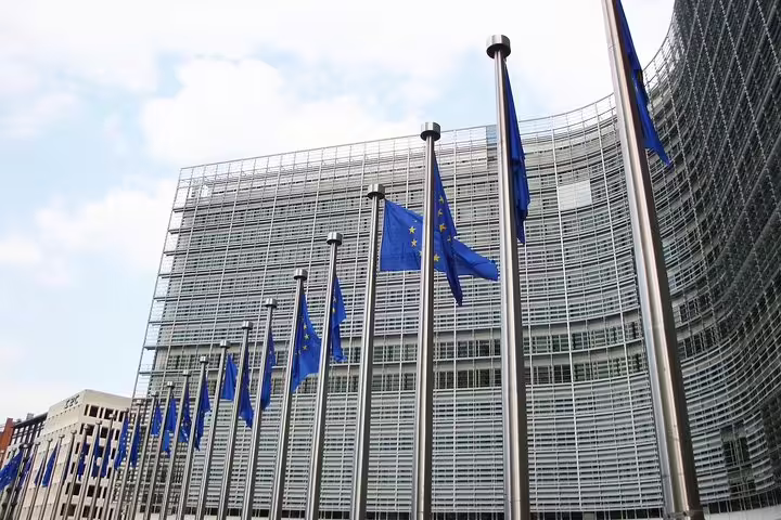 EU flags outside the Berlaymont building on a private 2-hour Brussels sightseeing tour of the European Quarter