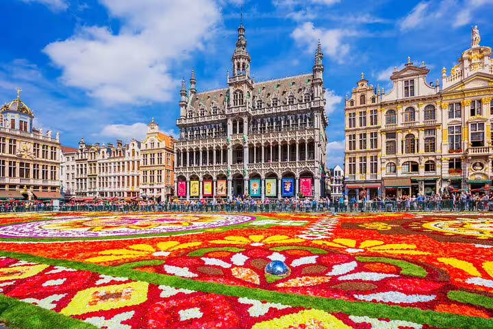 Colorful flower carpet in Brussels' Grand Place with historic buildings, perfect for a private tour and beer stop experience.