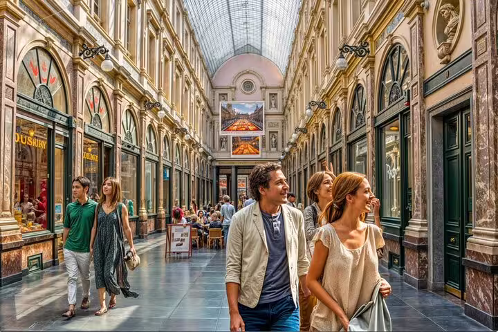 Visitors enjoy a guided tour through Brussels' historic shopping arcade, a highlight of the private tour with a beer stop experience.