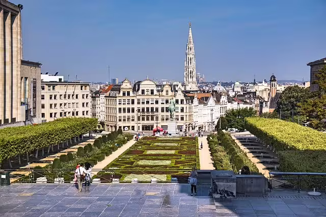 View of Mont des Arts in Brussels, showcasing lush gardens and historic architecture on a sunny day, ideal for walking tours.