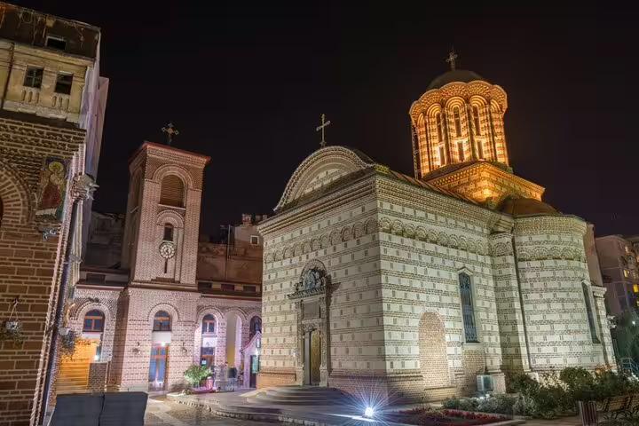Saint Anton Church illuminated at night in Bucharest Old Town historic district