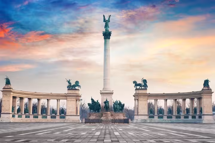 Budapest Heroes’ Square Millennium Monument at sunset, visited on a small-group day trip from Vienna
