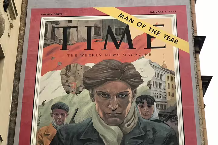 Time magazine cover-style mural on Budapest wall, iconic street art stop on guided walking tour