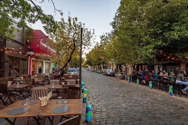 Cobblestone café street in Palermo Soho, Buenos Aires, a highlight on the full day sightseeing tour itinerary