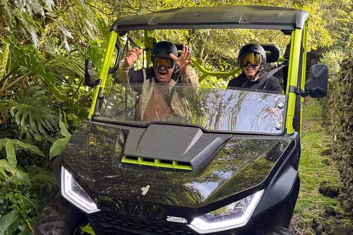 Adventurers enjoy a thrilling buggy ride through lush greenery on Pico Island's vineyard tour.
