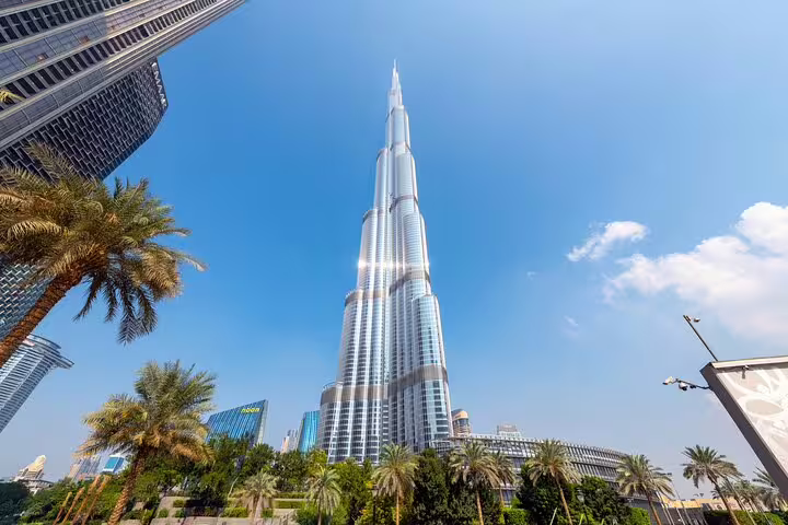 Burj Khalifa towering over Downtown Dubai on a private full-day customizable sightseeing tour with hotel pickup