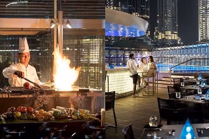 Rooftop dining in Downtown Dubai with live chef cooking, ideal add-on to Burj Khalifa At The Top ticket
