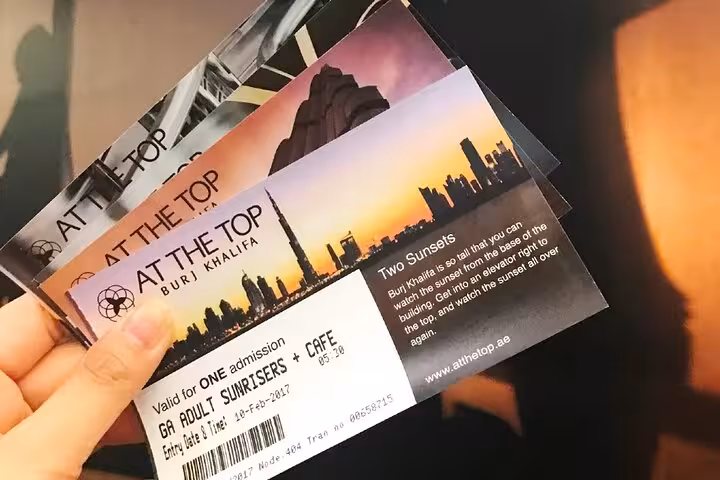 Burj Khalifa At The Top admission tickets in hand, Dubai skyline sunset view with rooftop meal experience