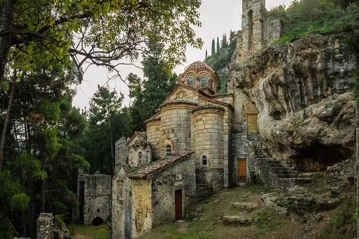 Byzantine church ruins in Mystras near Sparta, Greece, on a full-day tour through medieval Peloponnese