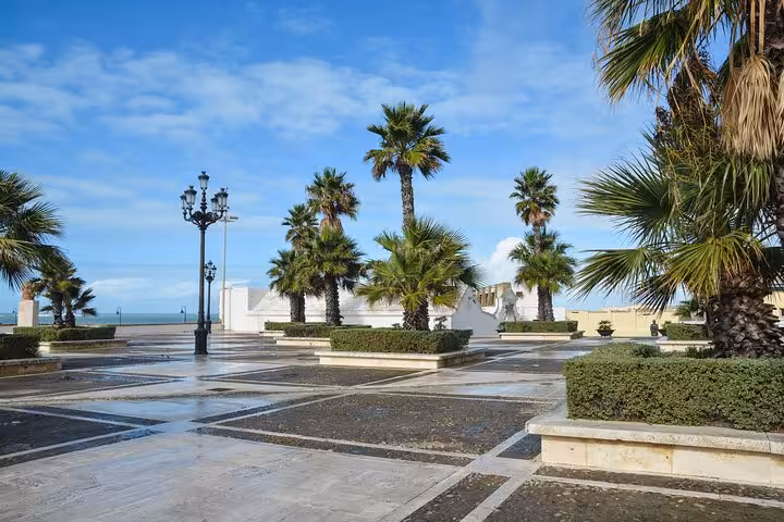 Palm-lined Plaza de España in Cadiz under a clear blue sky, perfect for a leisurely walk on the Hello Cadiz tour.