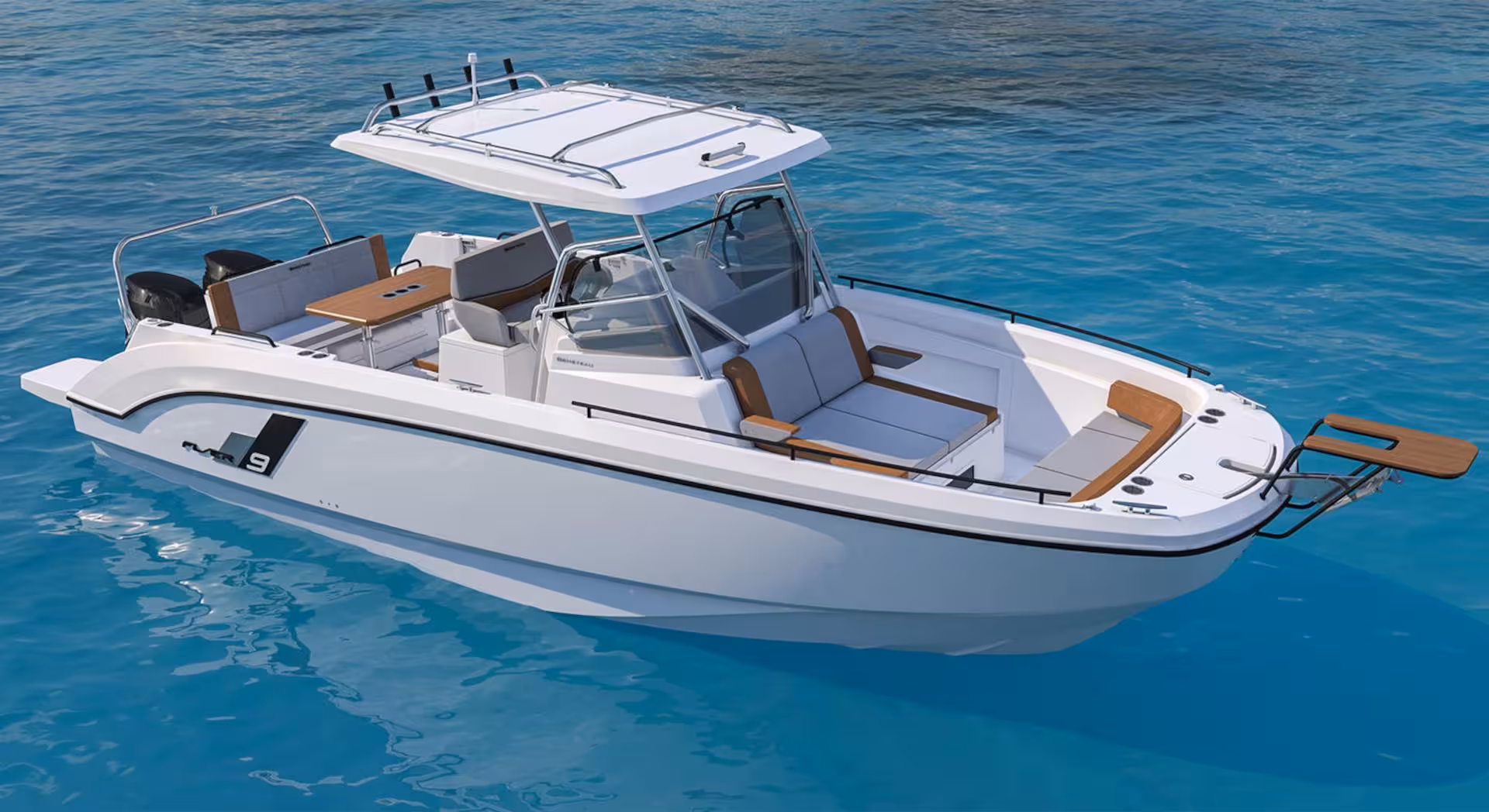 Elegant white boat with seating areas afloat in serene blue waters on a Cagliari 3-hour boat tour.