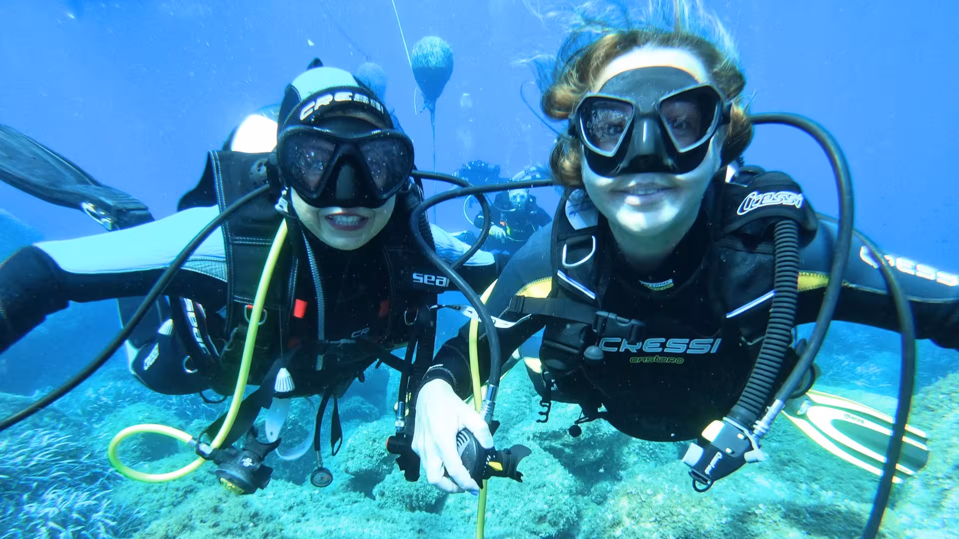 Divers exploring underwater terrain in the Gulf of Angels, Cagliari, surrounded by small fish and marine life.