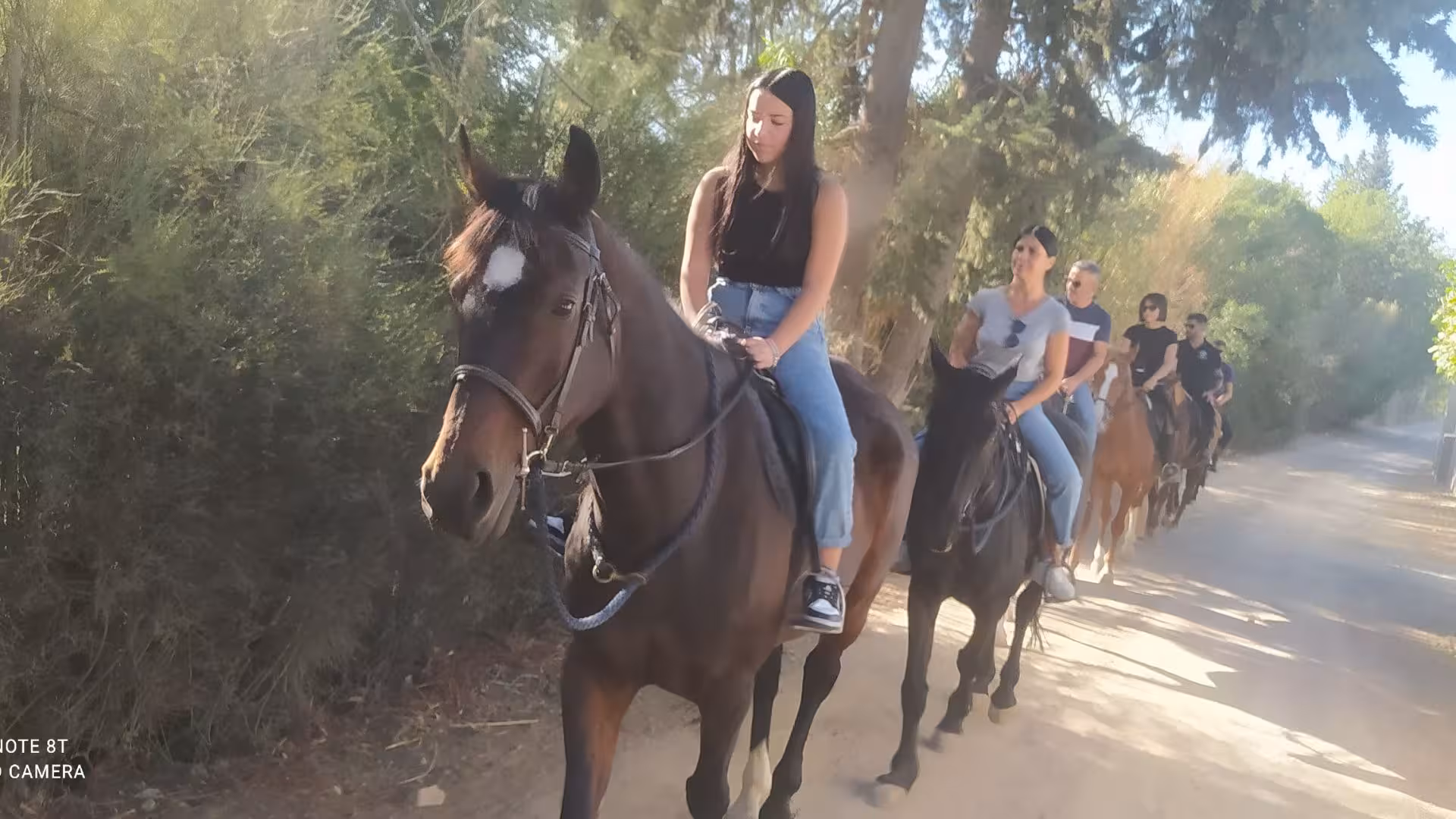 Group of riders on a picturesque trail in Cagliari, enjoying a serene horseback riding tour under the sunlight.